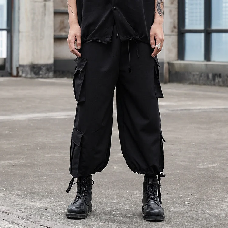 Dark Japanese Multi-bag Straight-leg Drawstring Casual Cargo Pants-dark style-men's clothing-halloween