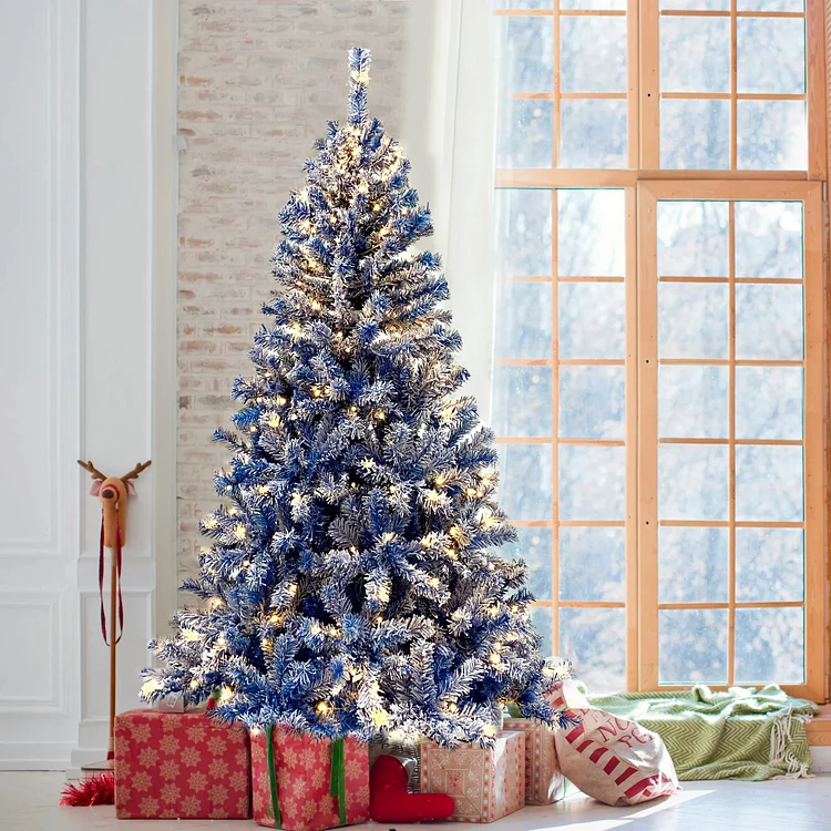 Bekaya 6ft Pre-Lit Snow Flocked Artificial Holiday Christmas Tree with LED Lights and Metal Base Stand for Home, Office, Party Decoration, Blue