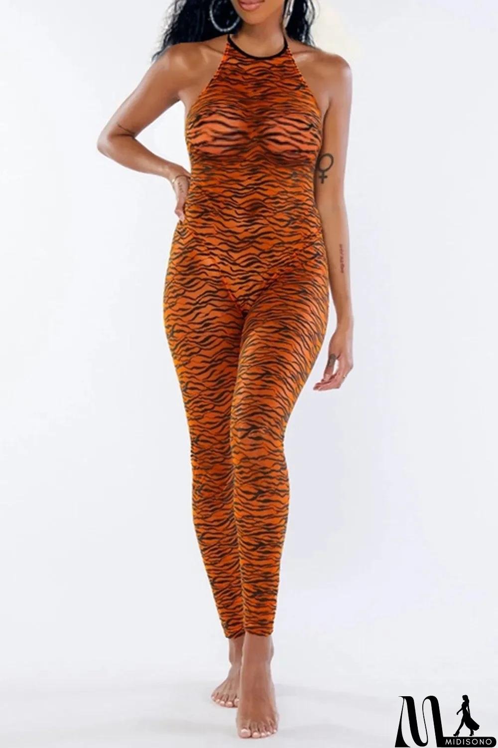 MidiSono - Gold Sexy Print Split Joint Halter Skinny Jumpsuits