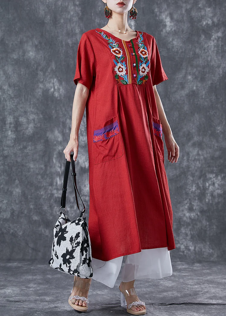 Women Red Embroideried Patchwork Linen Dress Summer