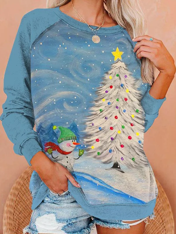 Snow Christmas Tree Snowman Print Casual Sweatshirt