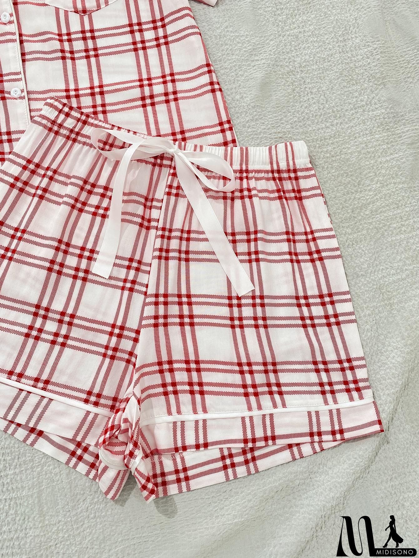 MidiSono - Plaid Lapel Collar Shirt and Shorts Lounge Set