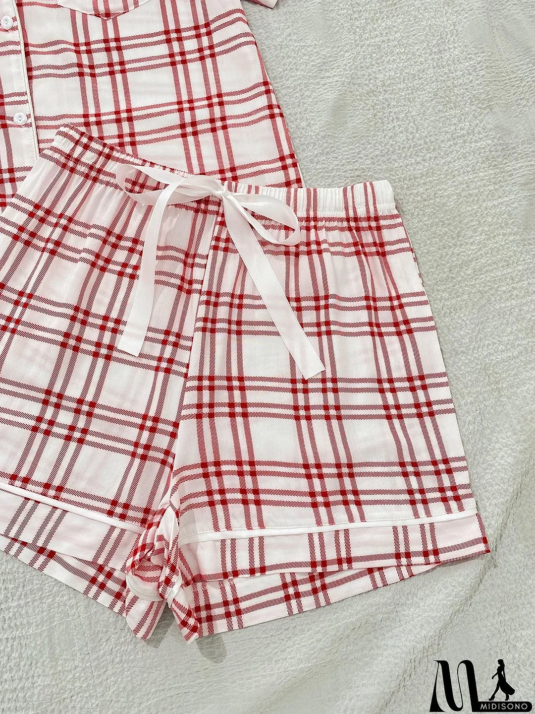 MidiSono - Plaid Lapel Collar Shirt and Shorts Lounge Set