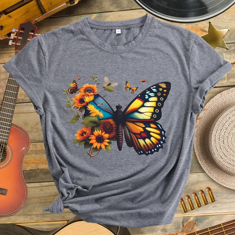 Colorful Creative Flower Butterfly Pattern Neck T-shirt