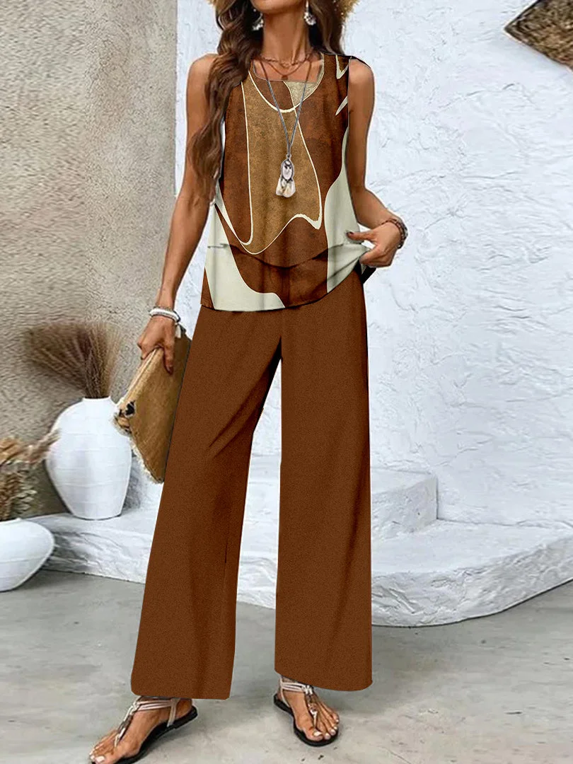 Women's Sleeveless Square Collar Graphic Printed Casual Set