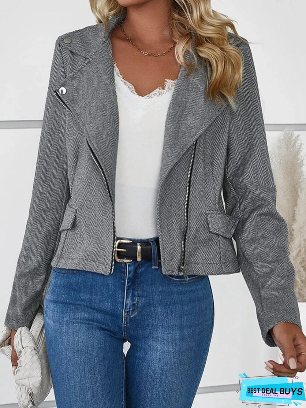 Plain Long Sleeve Buckle Zipper Casual Jacket