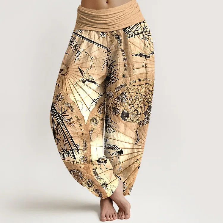 Cotton Umbrella Crane Bamboo Pattern Women's Elastic Waist Harem Pants