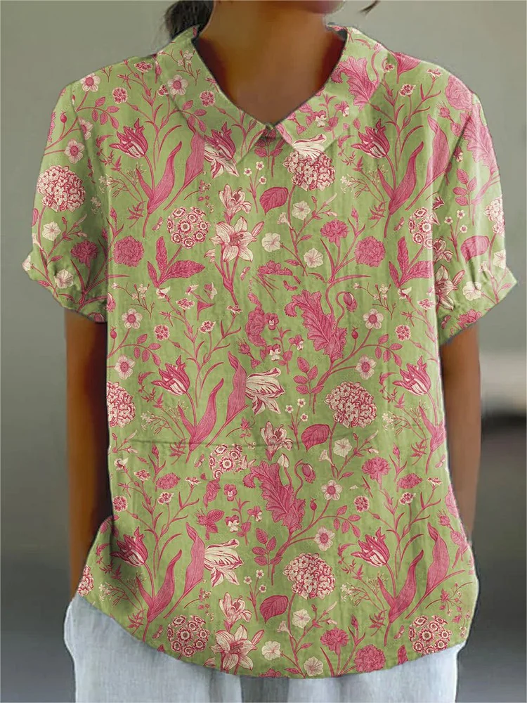 Women's  Flower  Art Print Casual Cotton And Linen Shirt