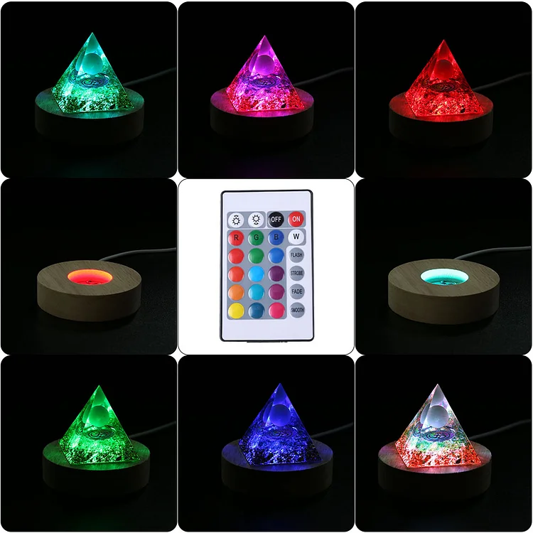 Crystal Orgonite Pyramid Lamp Base Wooden LED Display Holder (RC Multi)