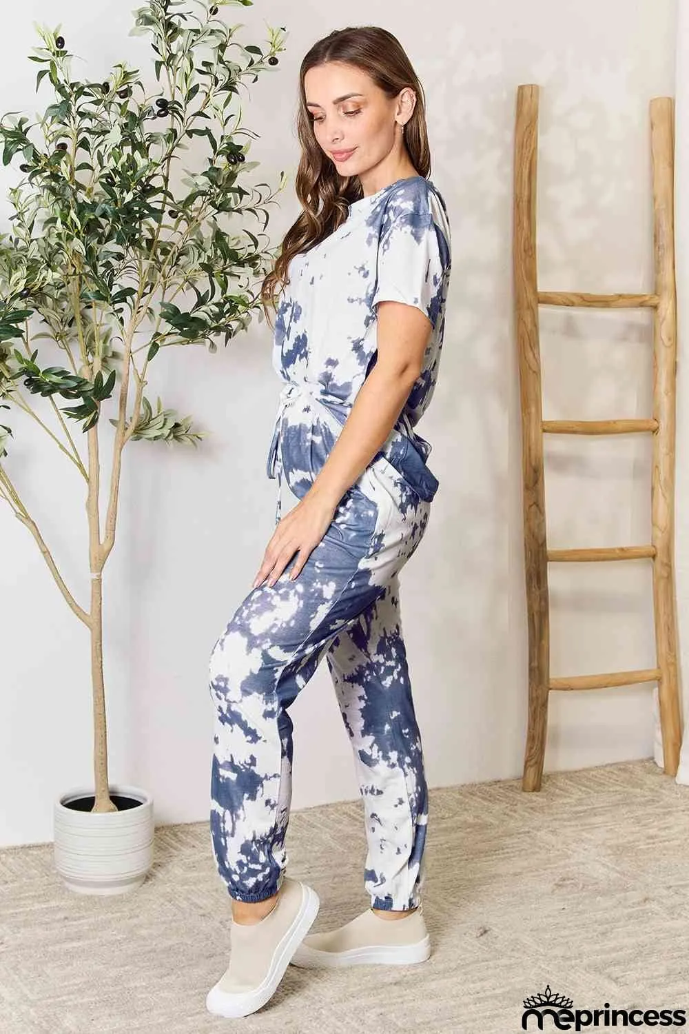 Double Take Tie-Dye Tee and Drawstring Waist Joggers Lounge Set