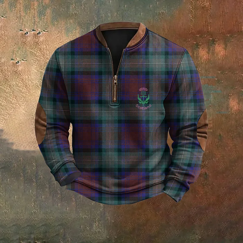 Vintage Scotland Plaid Print Zip Collar Sweatshirt