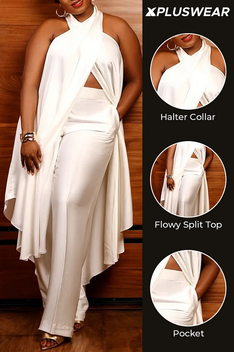 Plus Size Wedding Guest White Elegant Halter Collar Pocket Split Two Piece Pant Sets [Pre-Order]