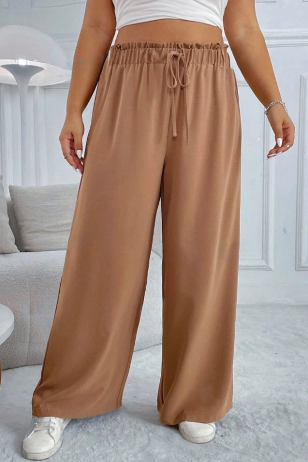 Plus Size Everyday Khaki High Rise Ruffle Lace Up Wide Leg Pants 2024 - Flycurvy 