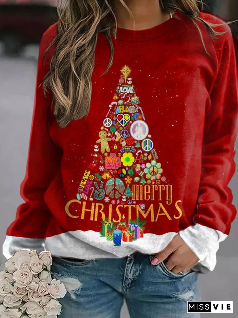 Women'S Hippie Christmas Tree Merry Christmas Printed Crew Neck Sweatshirt