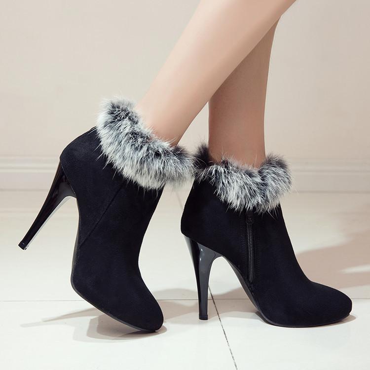 Fuzzy cuff stiletto high heels booties pointed toe winter ankle boots
