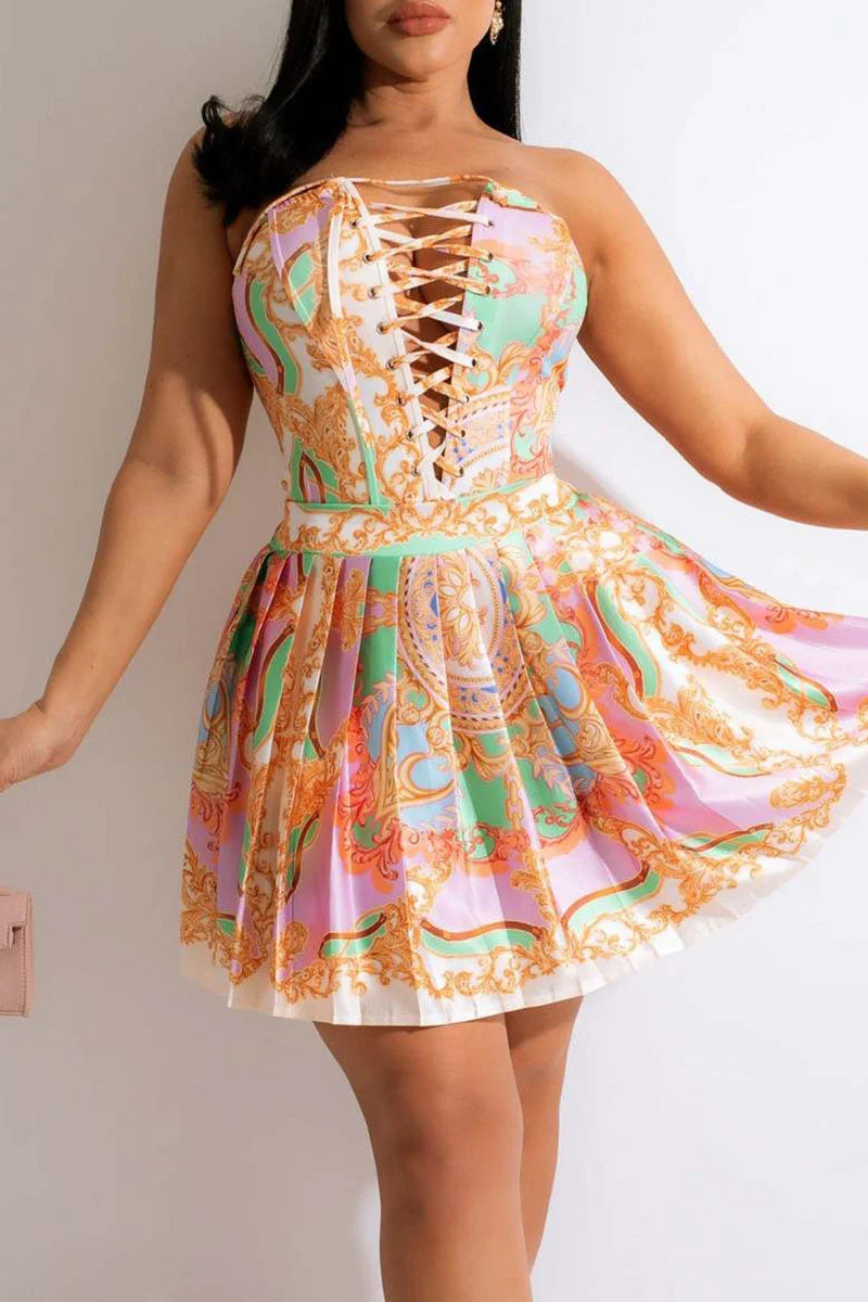 Sexy Print Bandage Split Joint Strapless Sleeveless Two Pieces