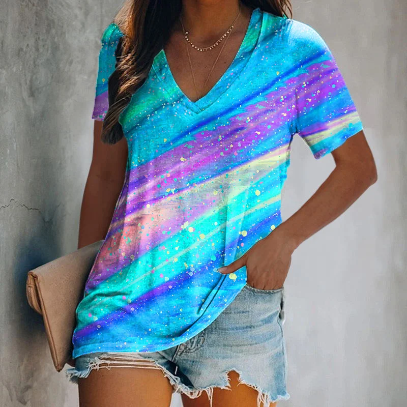 Rainbow Striped Tie-dye V-neck Printed Women's T-shirt