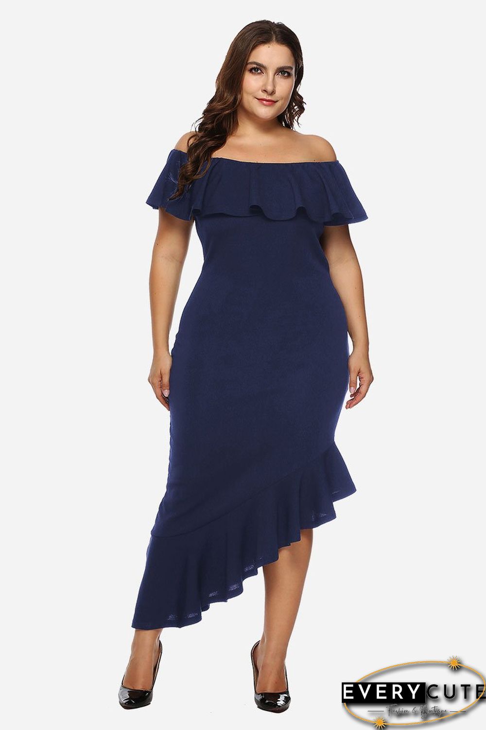 Off-shoulder Ruffle-detail Asymmetric-hem Dress P13687