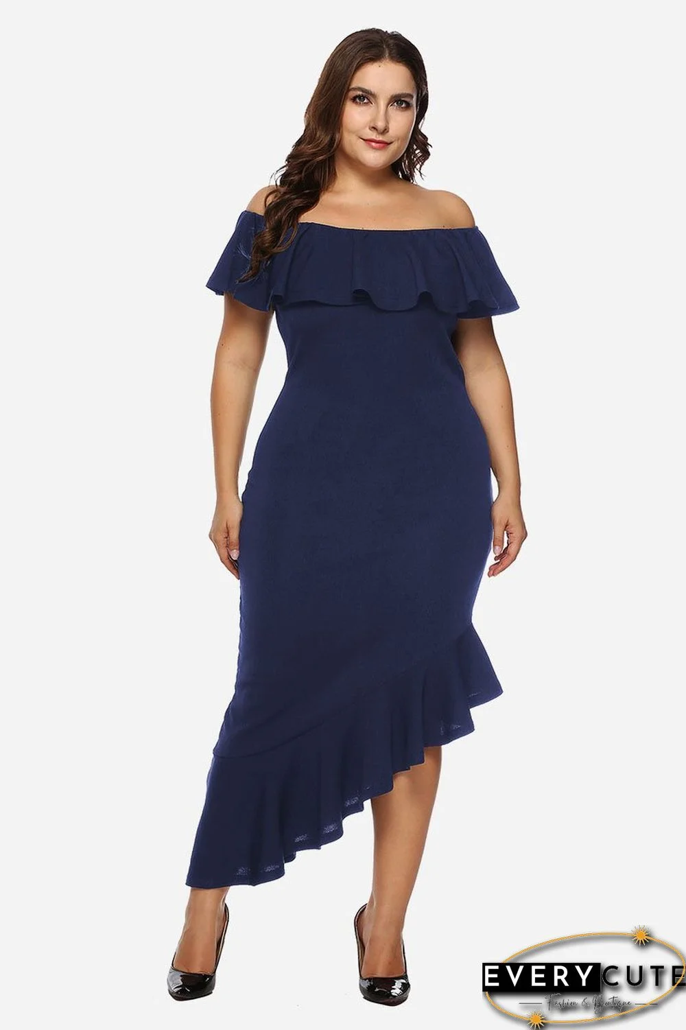 Off-shoulder Ruffle-detail Asymmetric-hem Dress P13687