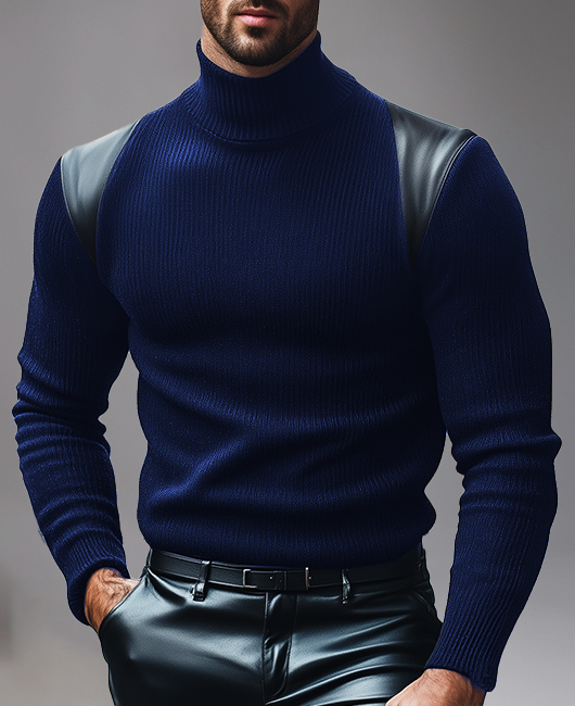 Okaywear PU Leather Patchwork Knitted Turtleneck Sweater