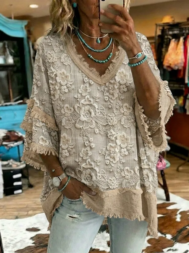 Vintage Floral Print Patchwork Cotton And Linen Shirt