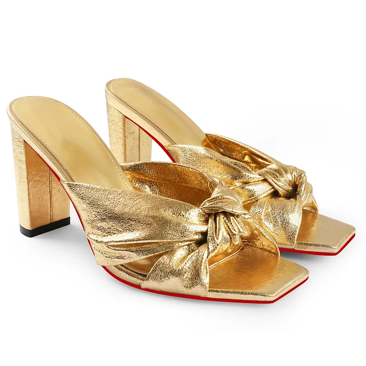 85mm Women's Chunky Heeled Mules Bow Knot Square Toe Sandals Summer Evening Party  Red Bottom Shoes Vocosi VOCOSI