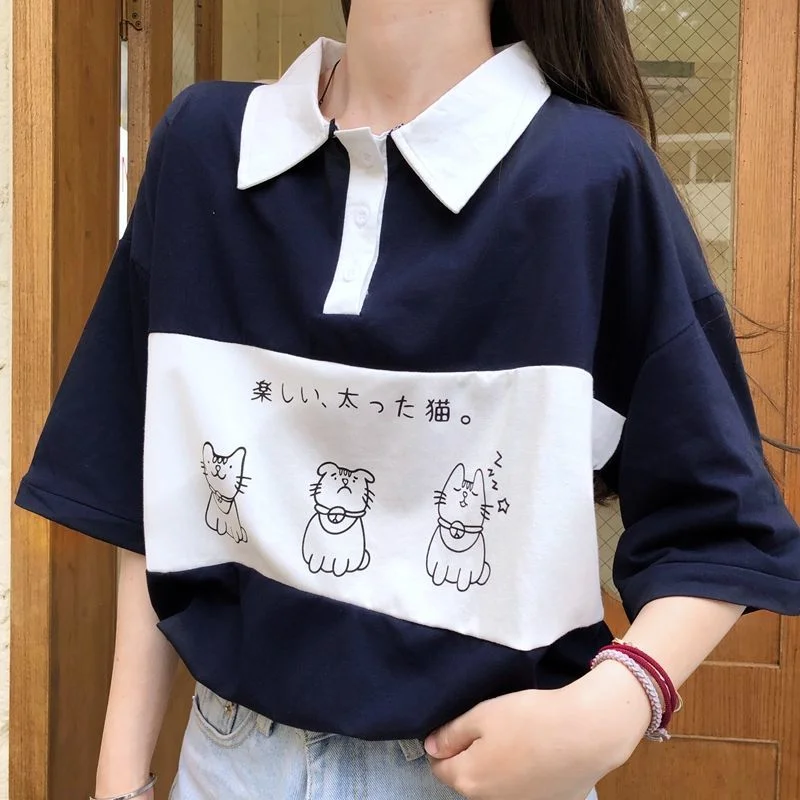 Kawaii Summer Polo Shirt Harajuku Japan Cute Cat Print T Shirt For Girls Hip Hop Punk Loose Student Shirt Funny Clothes Tops