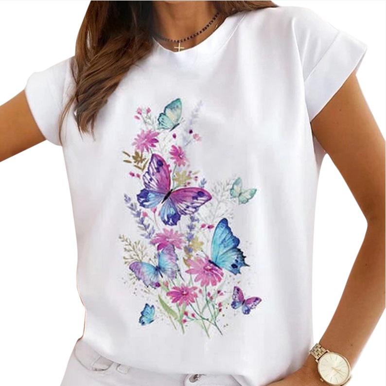 Women Sumer Fashion Butterfly Printing Graphic T-shirt