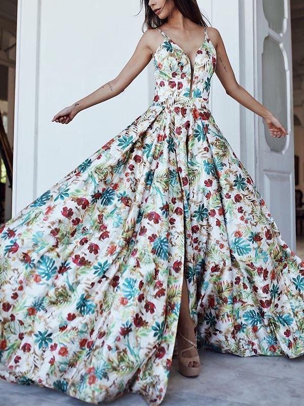 Sexy Deep Floral Printed Bohemian Maxi Evening Party Dresses