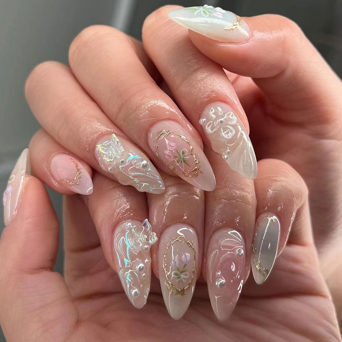 Bayuyun Spring Gel Nails – 24Pcs Light Blue Smudge Almond Gold Leaf Press on Nails Long Full Cover Tips  