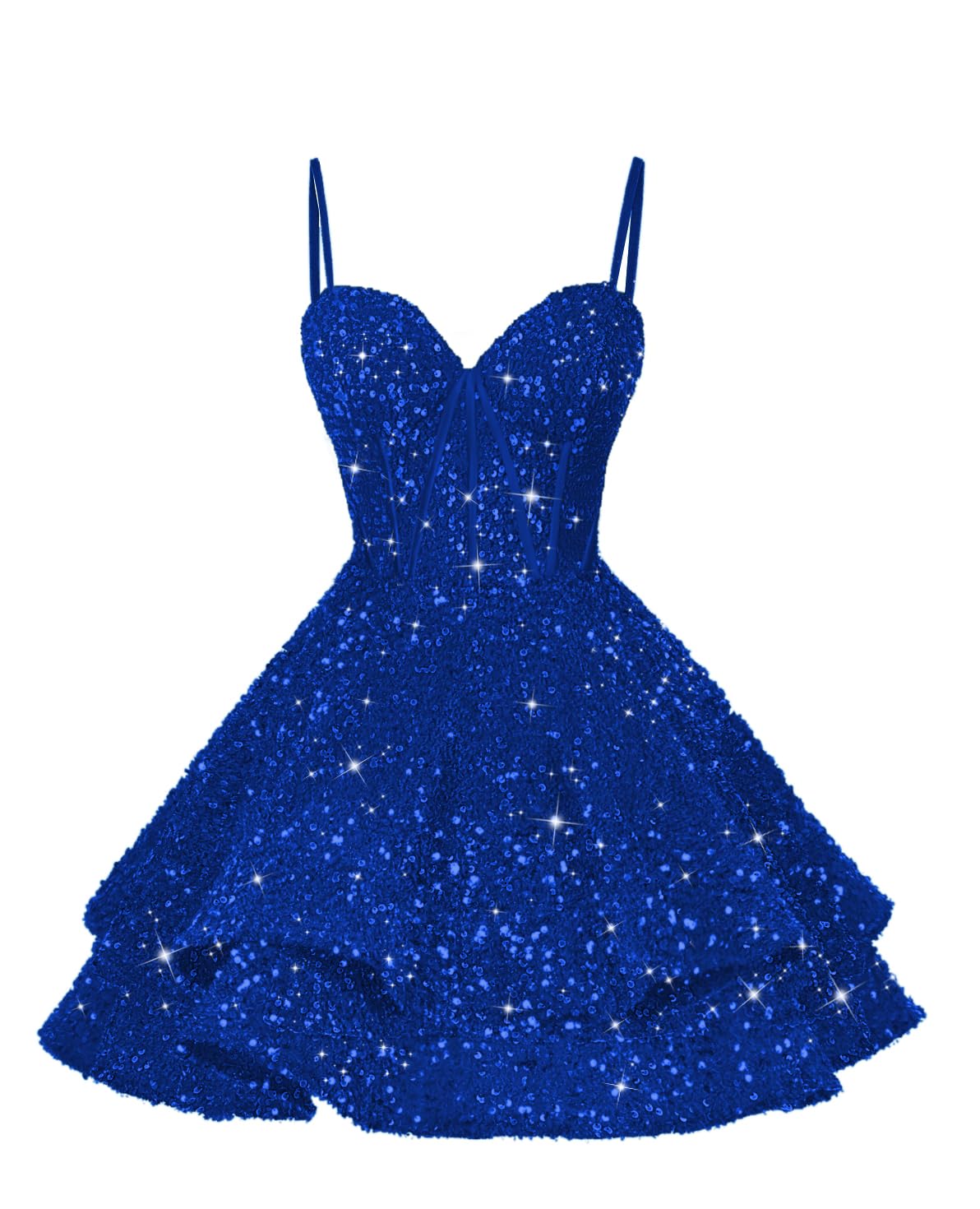 Lvs&Broner Royal Blue Sequins Sweetheart Spaghetti Strap Sleeveless Short Homcoming Dress with Ruffles