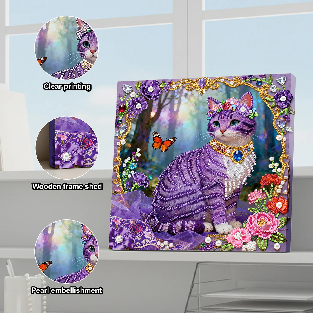 Purple Cat Art Diamond Painting Kit for Adults Home Decor 25x25cm With Frame