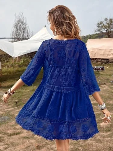 B2prity Women's Contrast Lace Bathing Suit Cover Up V-Neck Swimsuit Coverups Loose Swimwear Beach Dress Beachwear