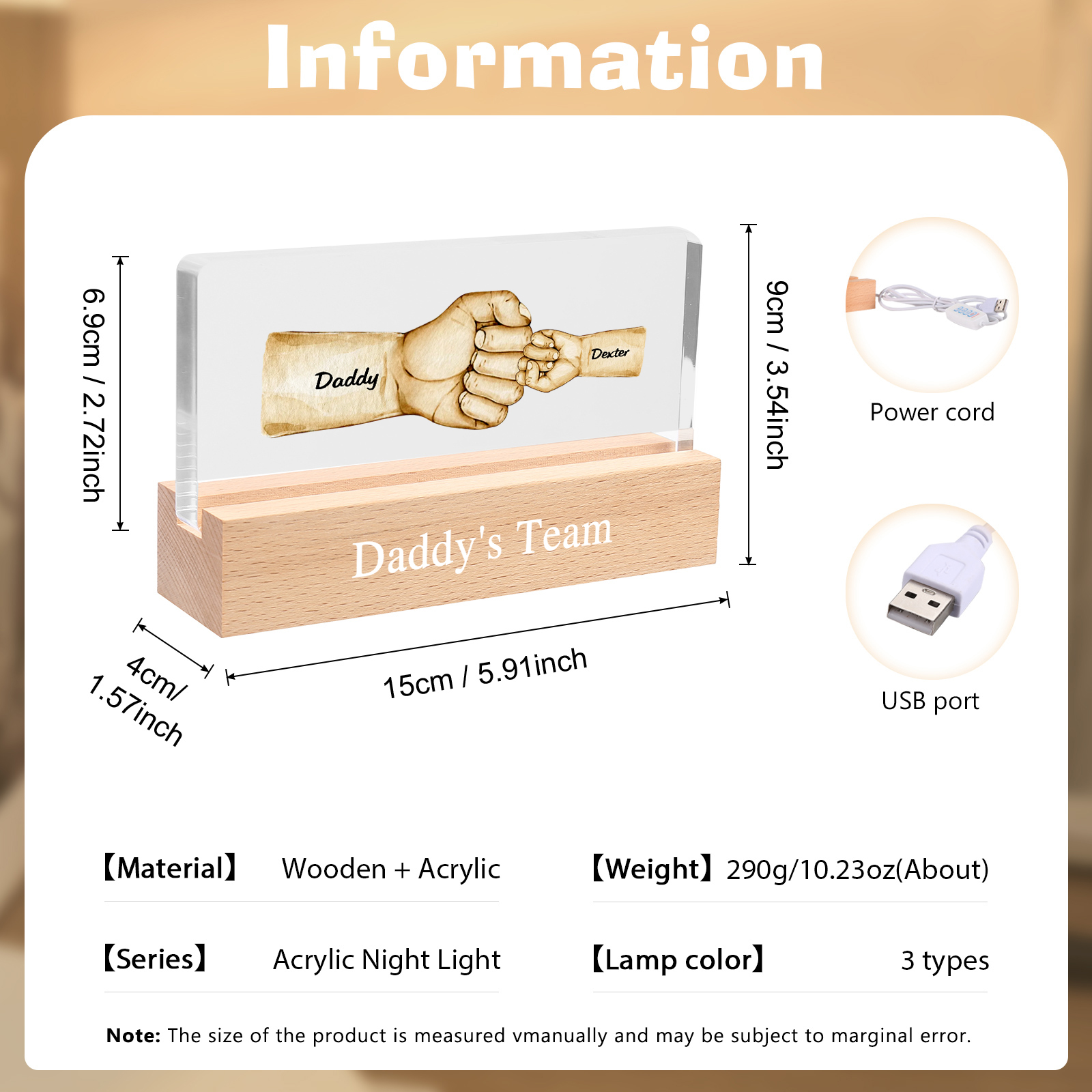 2 Names - Personalised Fist Bump Pattern Table Lamp Customized Text Father's Day Gift for Dad