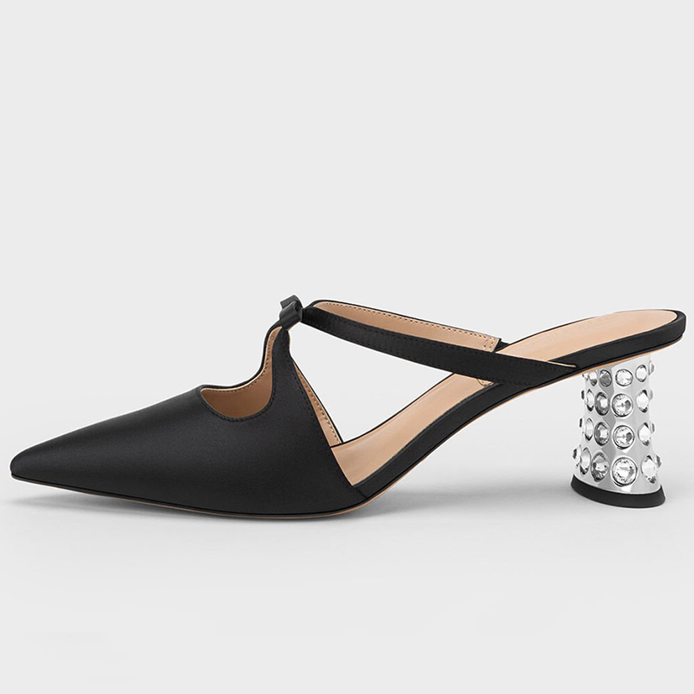 Black Satin Closed Toe Decorative Heel Strappy Mules Nicepairs