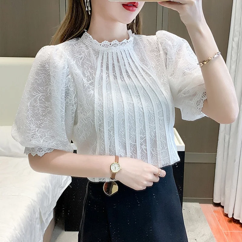 2021 Summer Lace Women's Blouse High-quality Korean Short Sleeve Fashion Stand Collar Shirt Floral Hollow Lace Loose Tops 14115