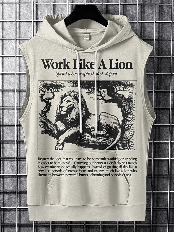 Men's Work Like A Lion Illustration Print Hooded Tank Top