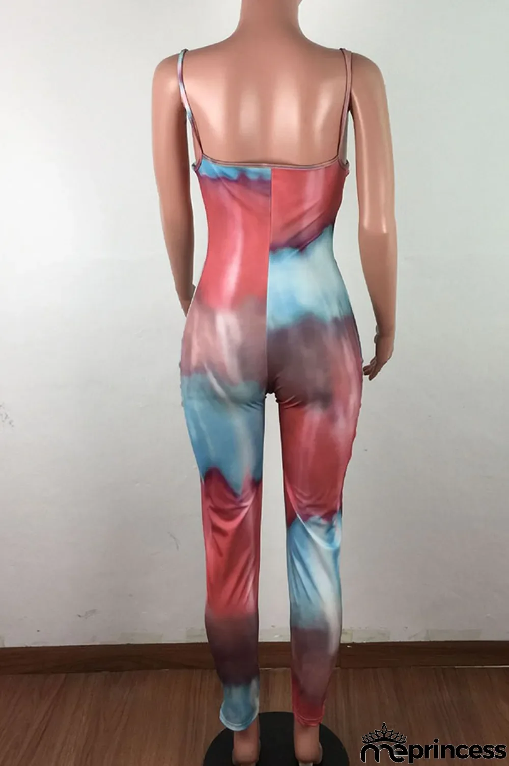 Blue Fashion Sexy Tie-dyed Sleeveless Slip Jumpsuits