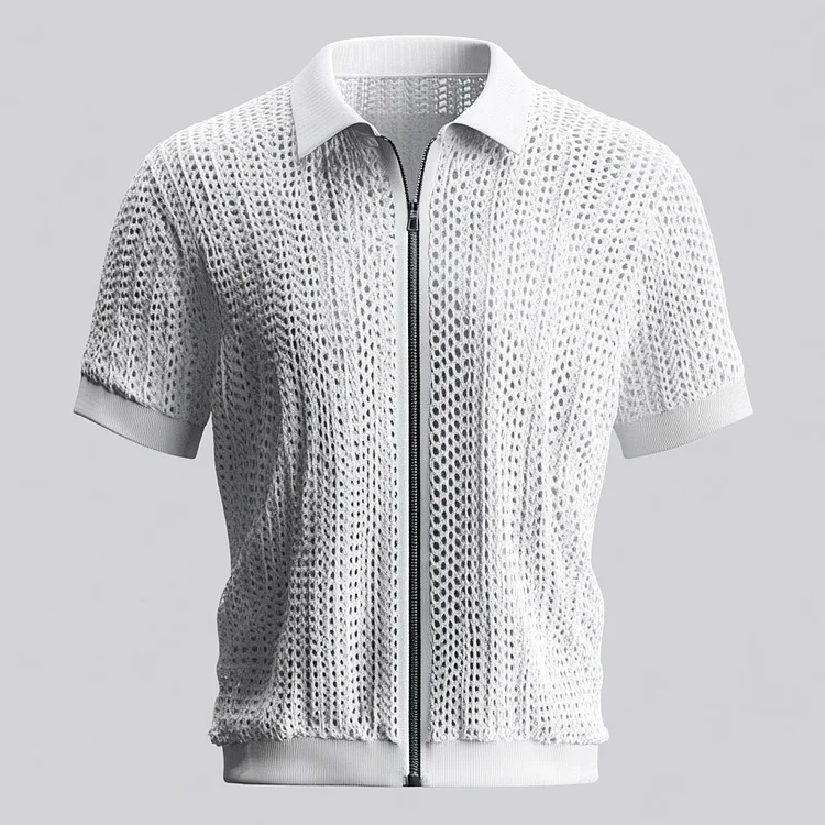 Men's Turndown Collar Short Sleeve Zip Up Hollow Out Knitted Shirt