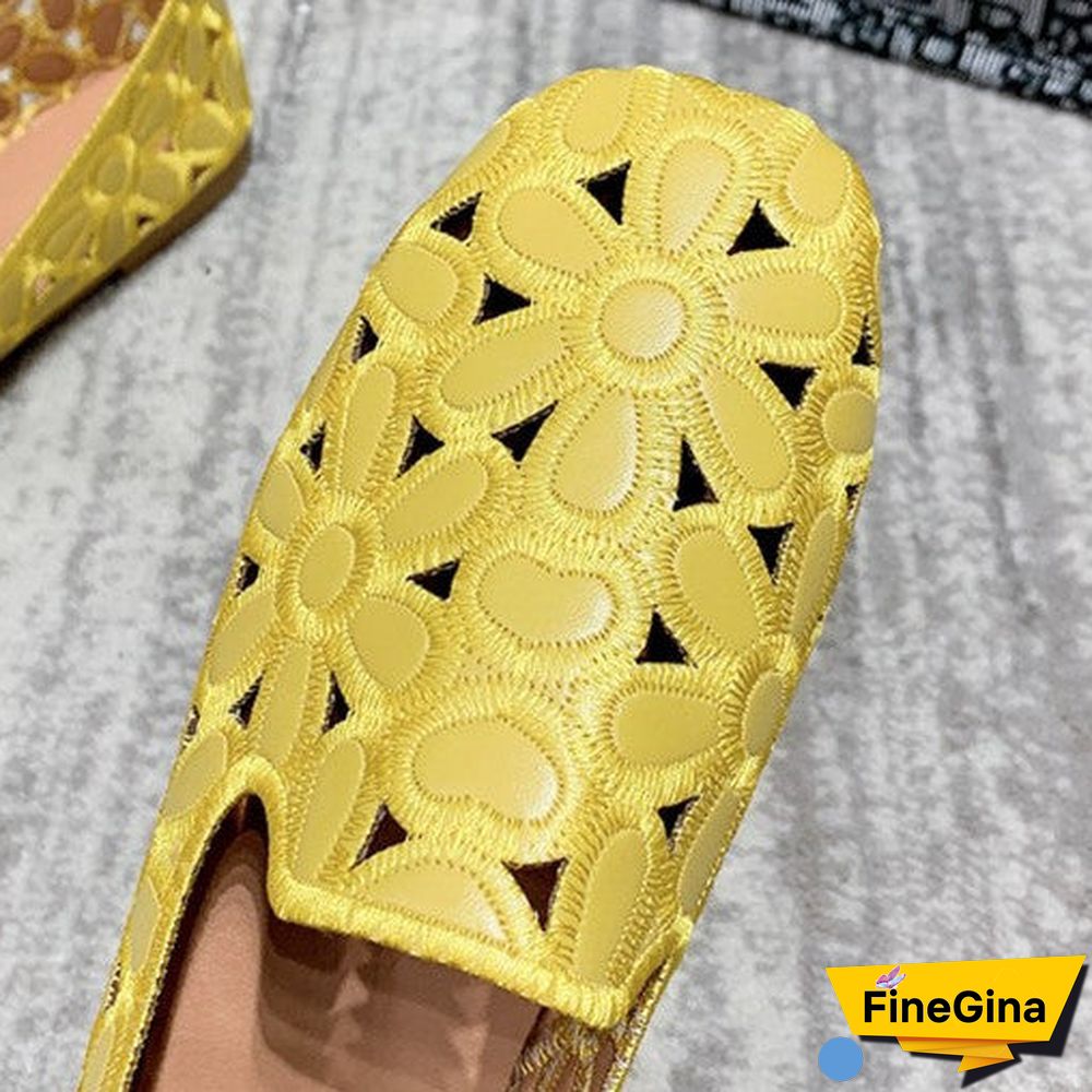 Women's Summer Square Toe Hollow Flower Slip-on Casual Breathable Flat Sandals