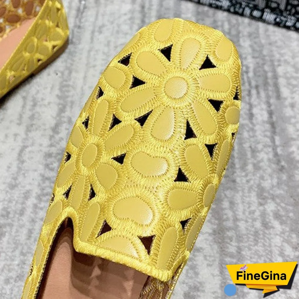 Women's Summer Square Toe Hollow Flower Slip-on Casual Breathable Flat Sandals