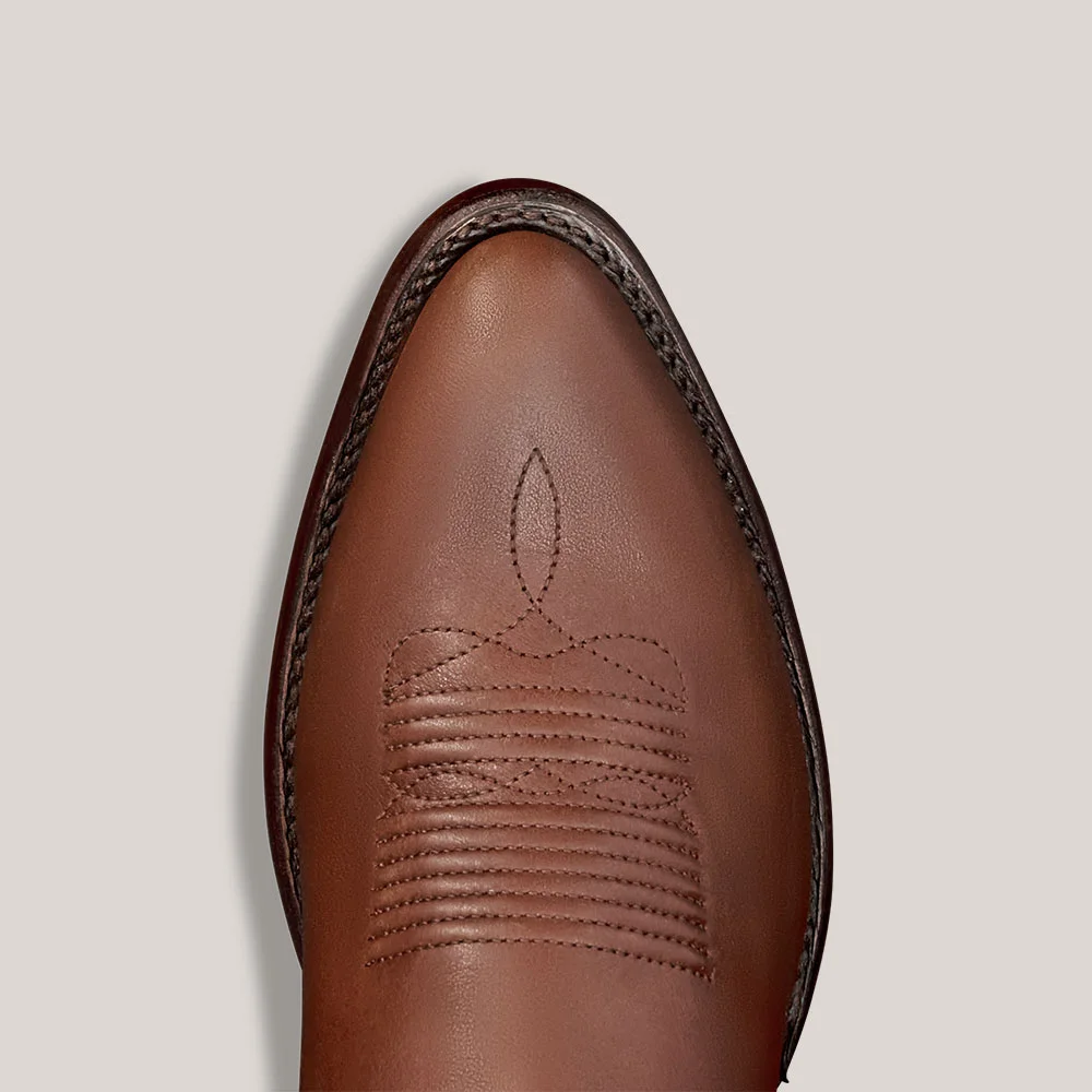 Brown Closed Toe Mid Heel Embroidered Slip On Western Boots for Women