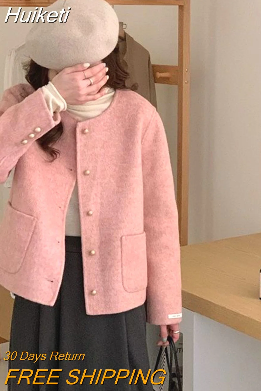 Huiketi French Elegant Pink Tweed Jacket Women Sweet Long Sleeve Casual Coat Fashion O Neck Buttons All Match Female Chic Outwear