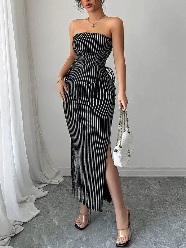 Contrast Color Sleeveless Striped Tube Top + Split-Side Drawstring Bodycon Skirts Bottom Two Pieces Set