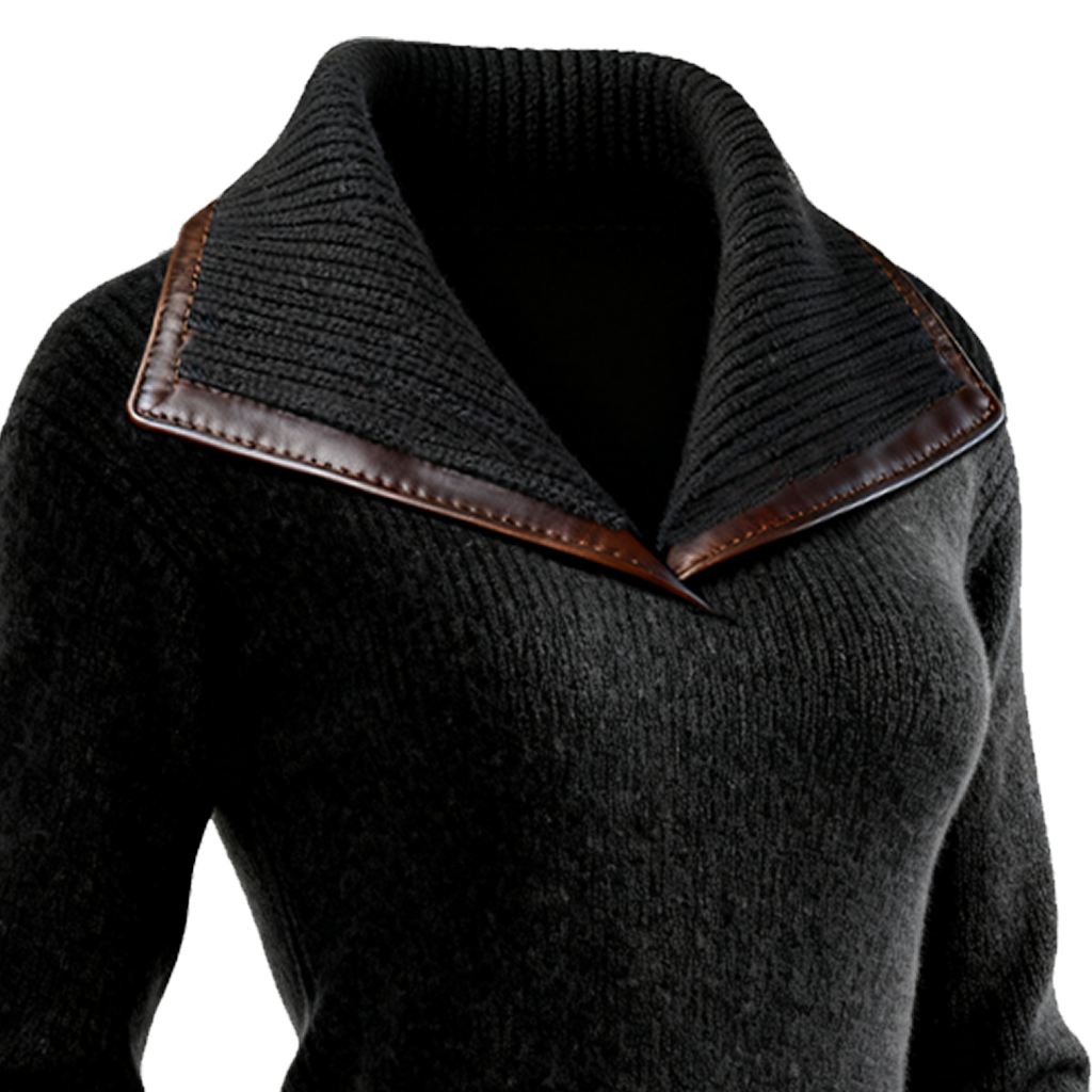 Women's Elegant Black Knit Dress With Leather Trim