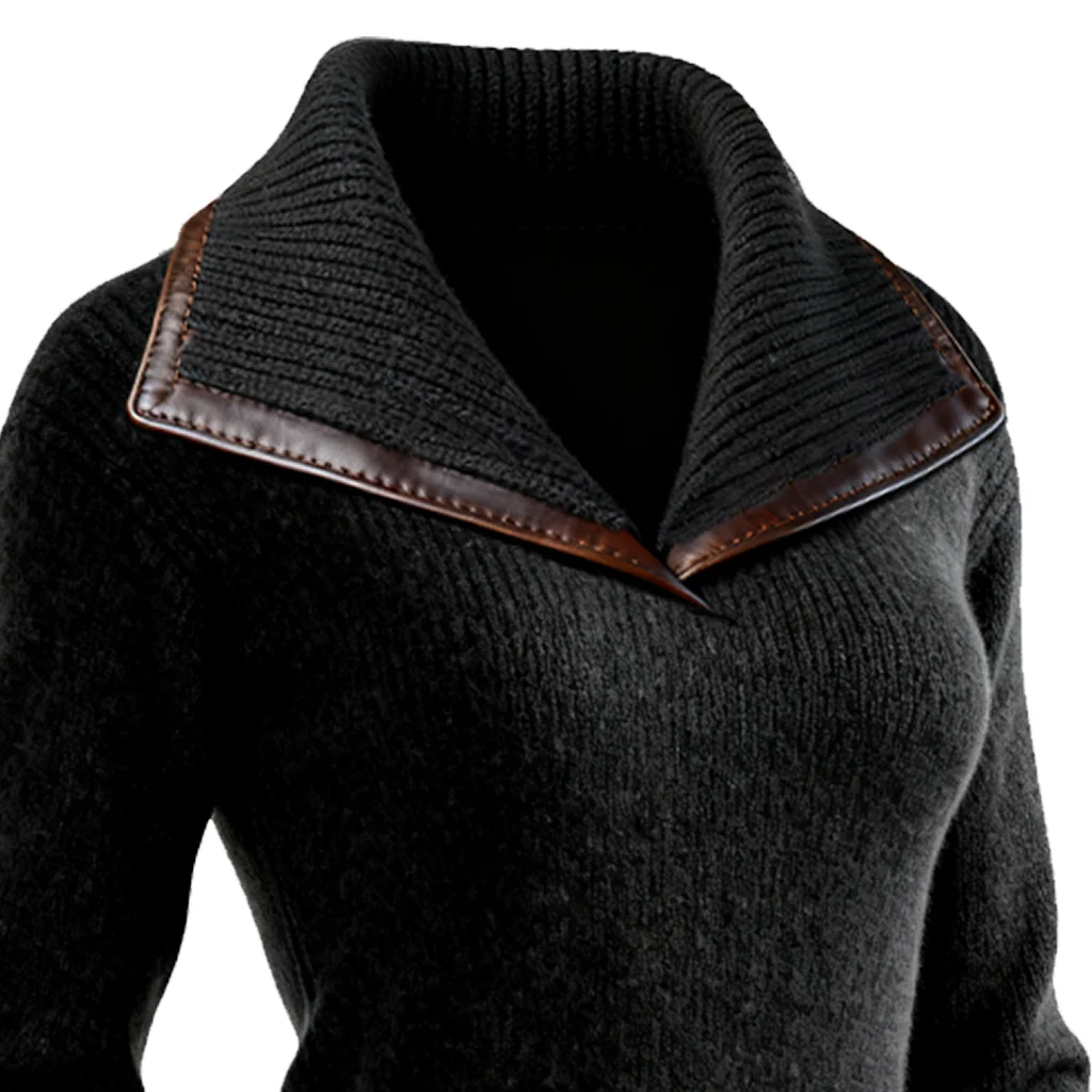 Women's Elegant Black Knit Dress With Leather Trim