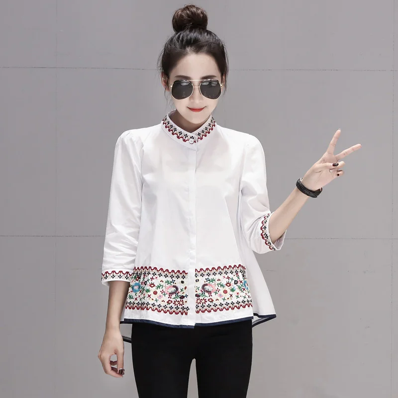 Woherb Woherb Autumn Dress New 2023 Shirt Women's Seven Minute Sleeve Versatile Standing Collar Embroidered A Figure Doll Shirt Jacket-Outfit Ideas