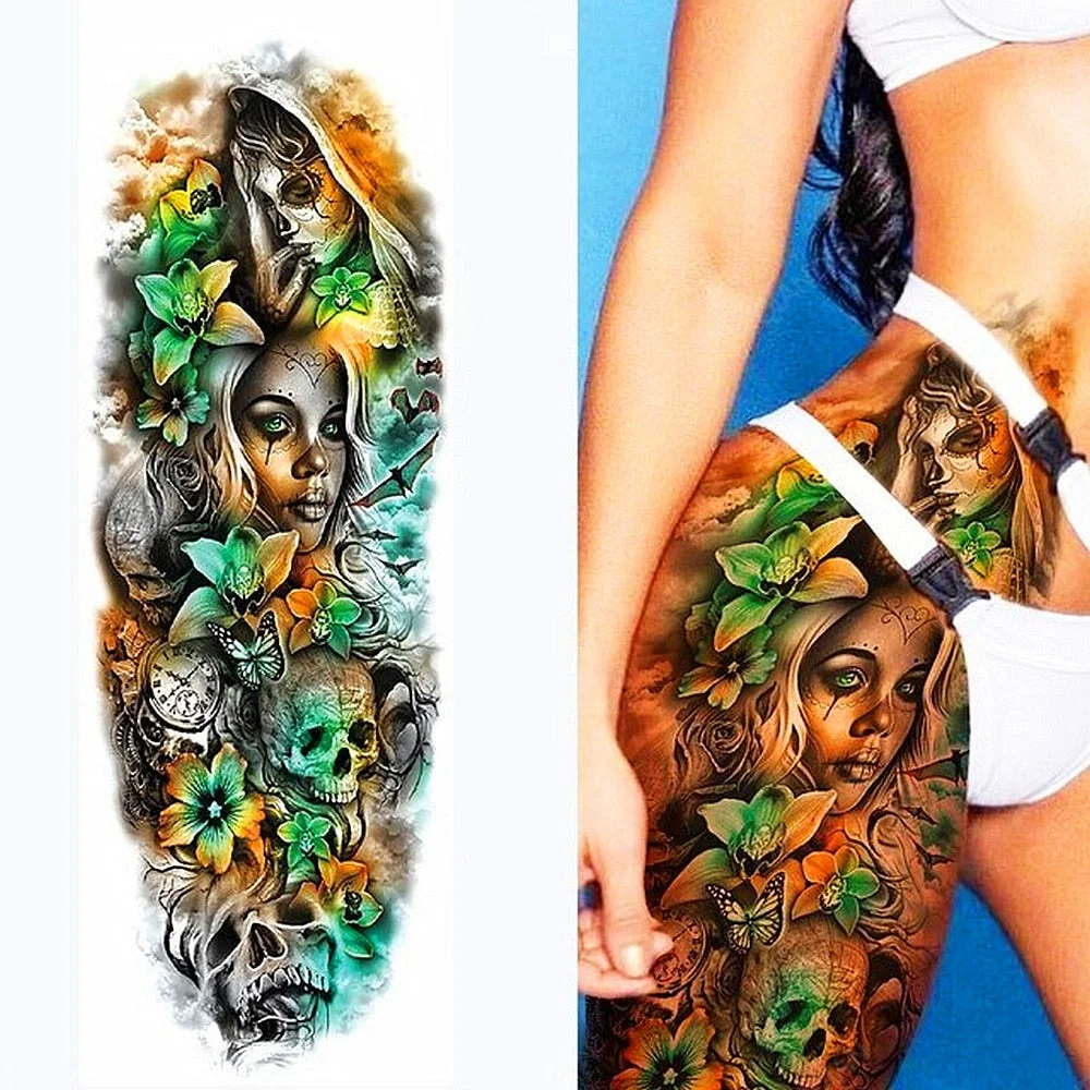 1pc Women Waterproof Temporary Tattoos Stickers Thighs Cool Hipster Skull Mermaid