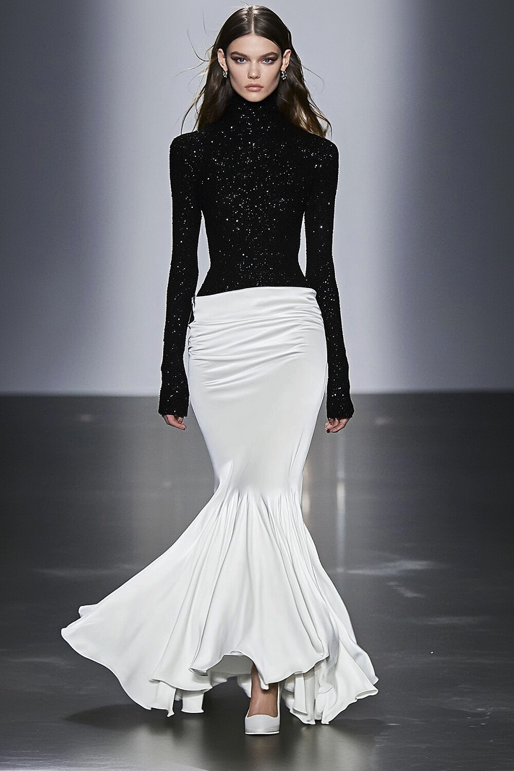 Sequin Contrast Color Long Sleeve Fishtail Maxi Dress-Black