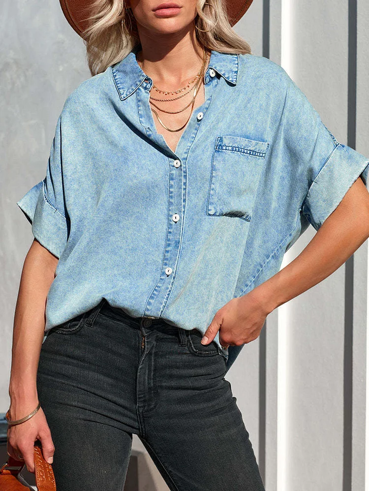 Casual Light Washed Lapel Collar Short Sleeve Pocket Denim Shirt
